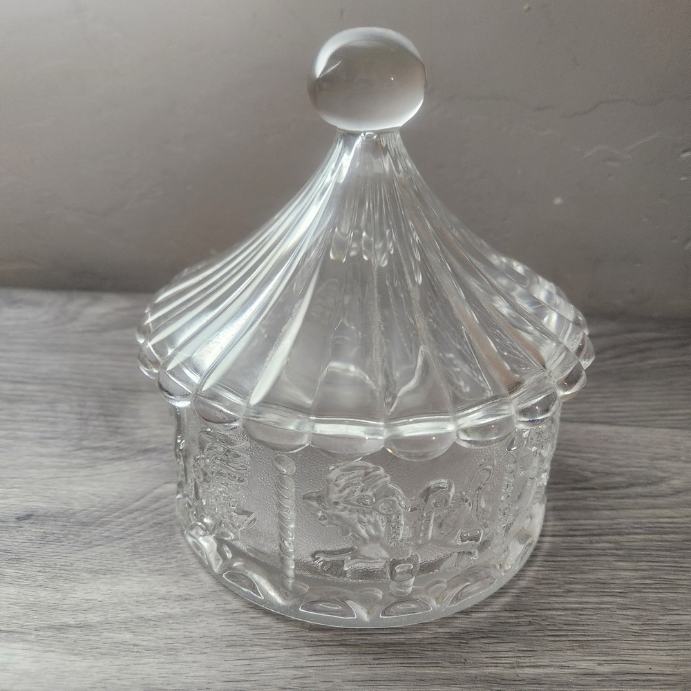 Vintage Clear Pressed Glass Carousel Trinket‎ Box Lidded Candy Dish Horse Swan